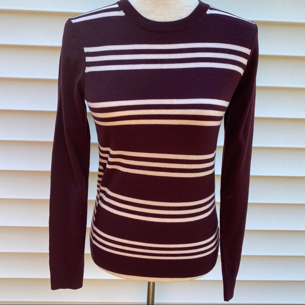 THEORY SWEATER CREWNECK BROWN CREAM STRIPE LONG SLEEVE Size S